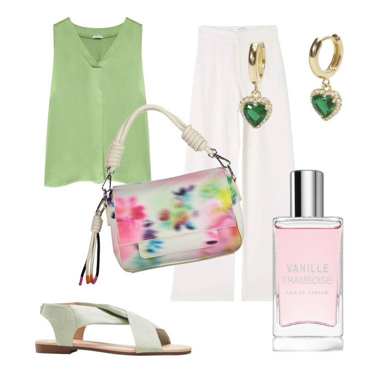 Outfit donna - Il mio primo look. Stile Casual per Tutti i giorni. Abbinamento con sandali, profumi, pantaloni, orecchini, borse a spalla, top.
