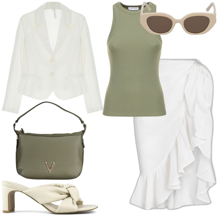 Outfit donna - Total look #1855552. Stile Casual per Ufficio. Abbinamento con blazer, gonne, sandali col tacco, borse a spalla, canottiere, occhiali da sole.