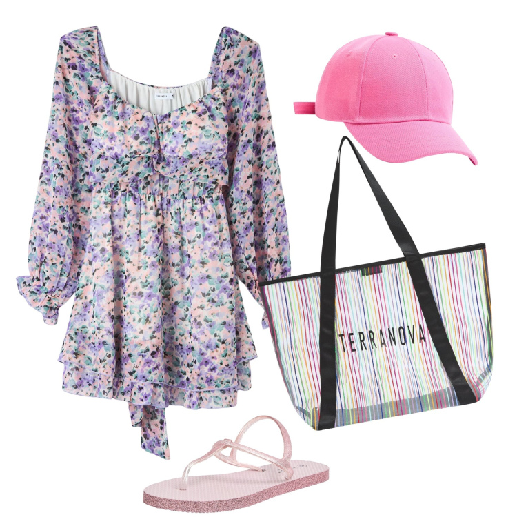 Outfit donna - Giornata di mare. Stile Preppy per Mare. Abbinamento con vestiti, sandali, cappelli, shopping bag.