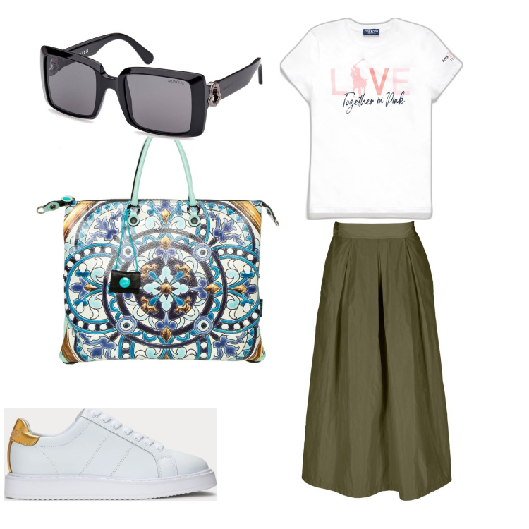 Outfit donna - Passeggiata al lago. Stile Basic per Tutti i giorni. Abbinamento con sneakers, t-shirt, gonne, occhiali da sole, shopping bag.