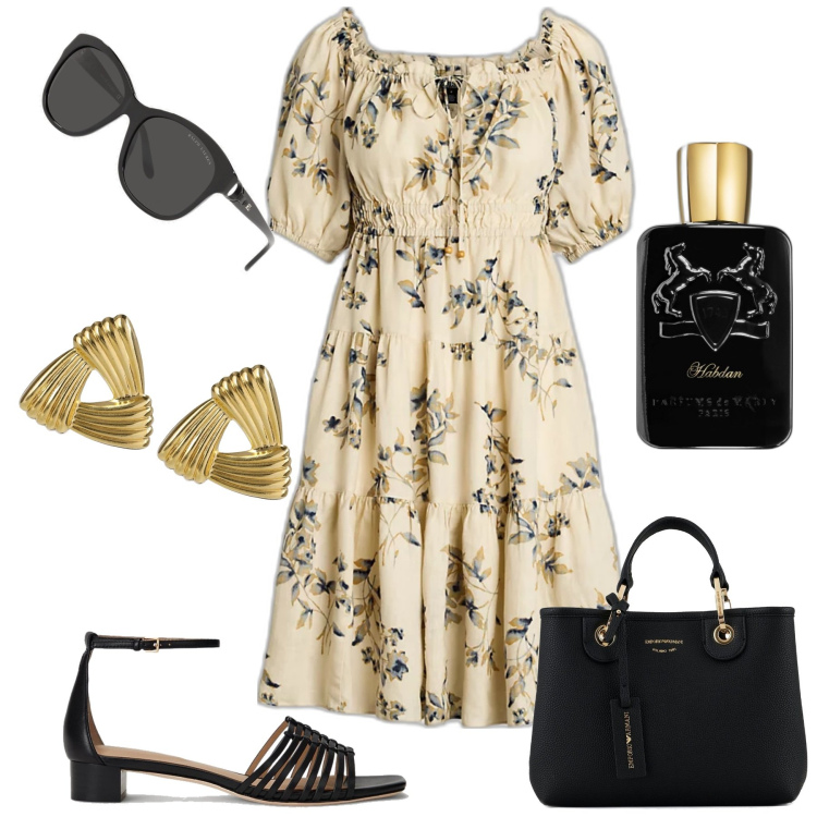 Outfit donna - Abito puff. Stile Glamour per Tutti i giorni. Abbinamento con profumi, occhiali da sole, vestiti, sandali in pelle, shopping bag, orecchini.