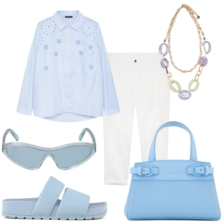 Outfit donna - In bianco e celeste. Stile Casual chic per Tutti i giorni. Abbinamento con ciabatte, camicie, borse tote, pantaloni, ciondoli, occhiali da sole.