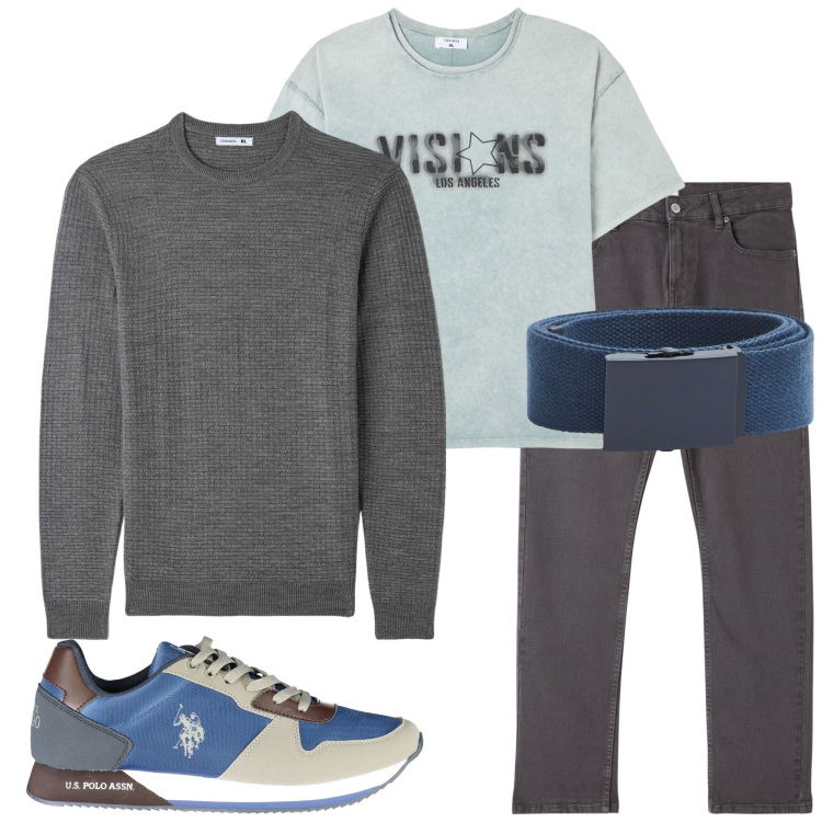 Outfit uomo - Serata con gli amici. Stile Casual per Tutti i giorni. Abbinamento con t-shirt, maglieria, pantaloni, cinture, scarpe sportive.