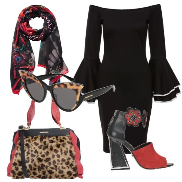Outfit donna - Animalier che passione. Stile Sexy Abbinamento con bolero, borsa a mano taglia media, occhiali da sole, sandali fantasia floreale effetto scamosciato con tacco squadrato e zip open toe, sciarpa.
