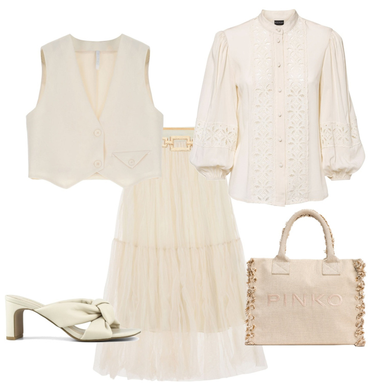 Outfit donna - Bon ton per un pomeriggio. Stile Bon Ton per Tutti i giorni. Abbinamento con camicie, shopping bag, gilet, gonne longuette, cinture, sandali col tacco.