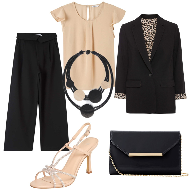Outfit donna - Ufficio passpartout. Stile Glamour per Ufficio. Abbinamento con blazer, pochette, bluse, pantaloni, sandali col tacco, collane.