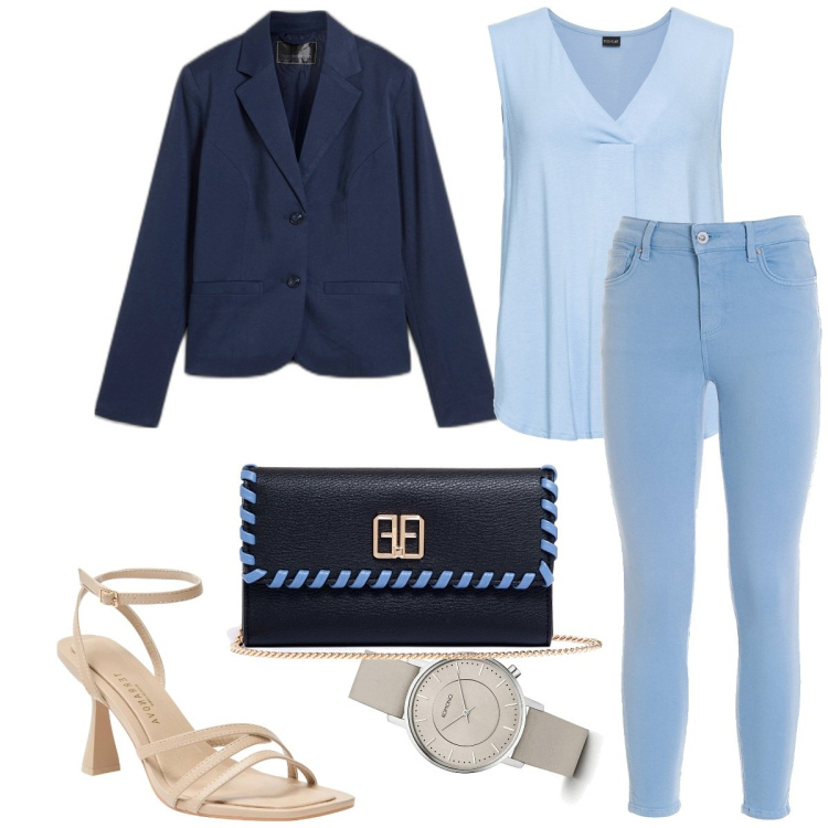 Outfit donna - Capi basici. Stile Casual per Ufficio. Abbinamento con top, blazer, orologi, sandali col tacco, jeans skinny, pochette.