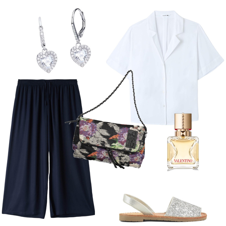 Outfit donna - Curvy fashion. Stile Glamour per Ufficio. Abbinamento con profumi, orecchini, pantaloni a palazzo, camicie a manica corta, sandali, borse a mano.