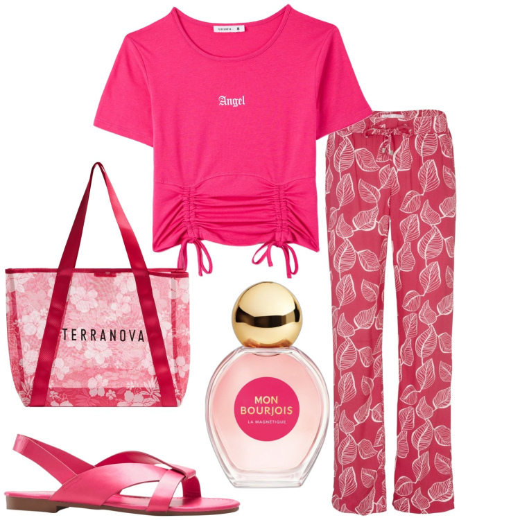 Outfit donna - Sportiva. Stile Casual per Tutti i giorni. Abbinamento con pantaloni, sandali, profumi, shopping bag, t-shirt.