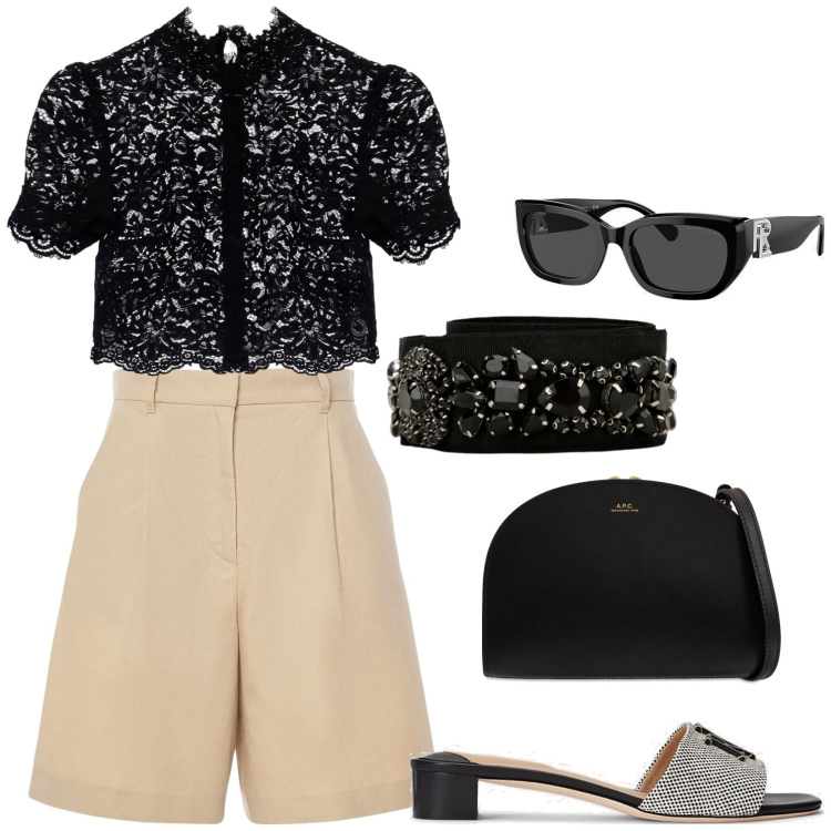 Outfit donna - Glamour a tutte le ore. Stile Glamour per Tutti i giorni. Abbinamento con camicie a manica corta, occhiali da sole, sandali col tacco, cinture, clutch, shorts.