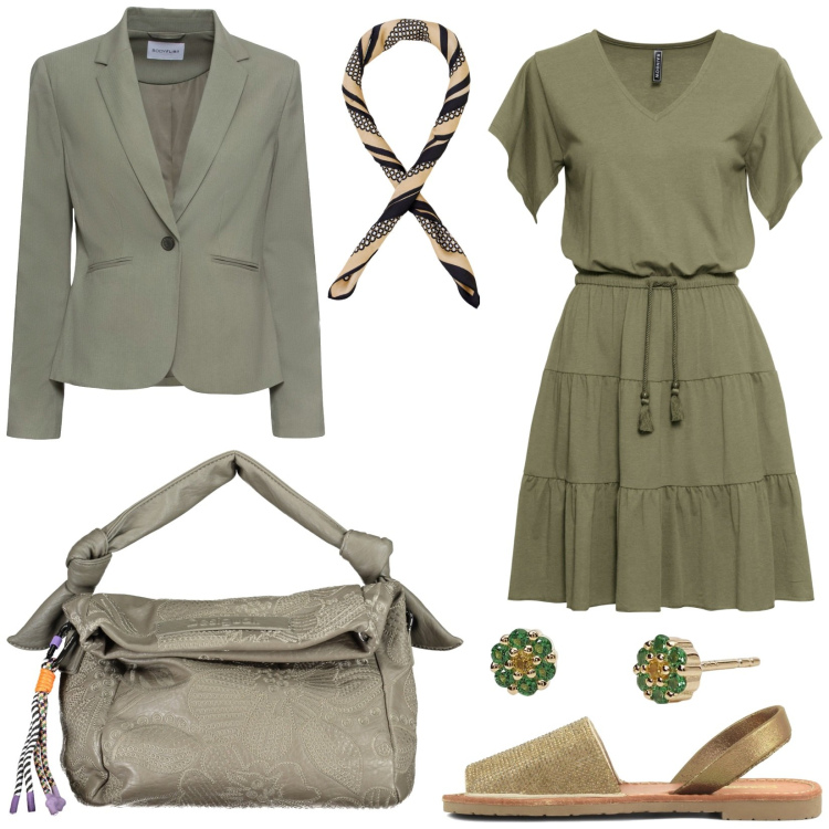 Outfit donna - Verde militare. Stile Casual per Tutti i giorni. Abbinamento con blazer, vestiti, orecchini, foulard, sandali in pelle, borse a spalla.