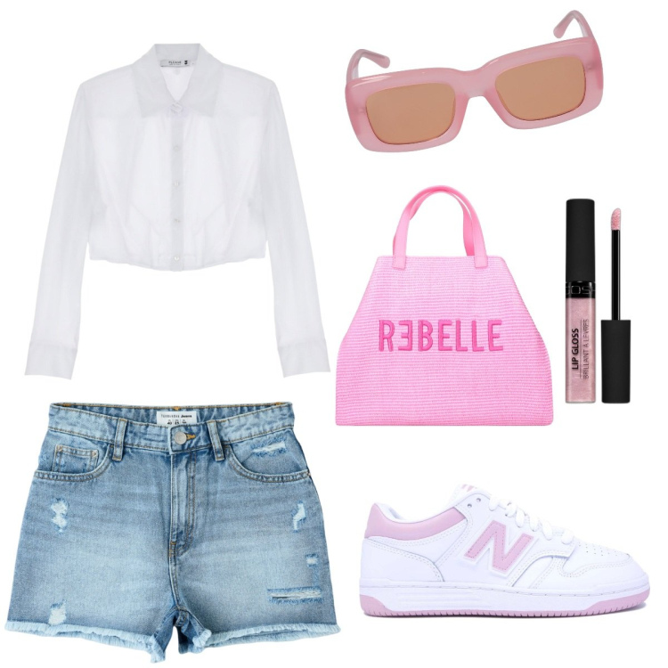 Outfit donna - Comodità glamour. Stile Glamour per Tutti i giorni. Abbinamento con gloss, shorts, camicie, sneakers, occhiali da sole, shopping bag.