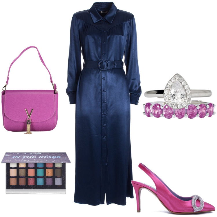 Outfit donna - Abito chemisier in raso. Stile Chic per Serata fuori. Abbinamento con ombretti, anelli, anelli, vestiti chemisier, borse a spalla, scarpe col tacco.
