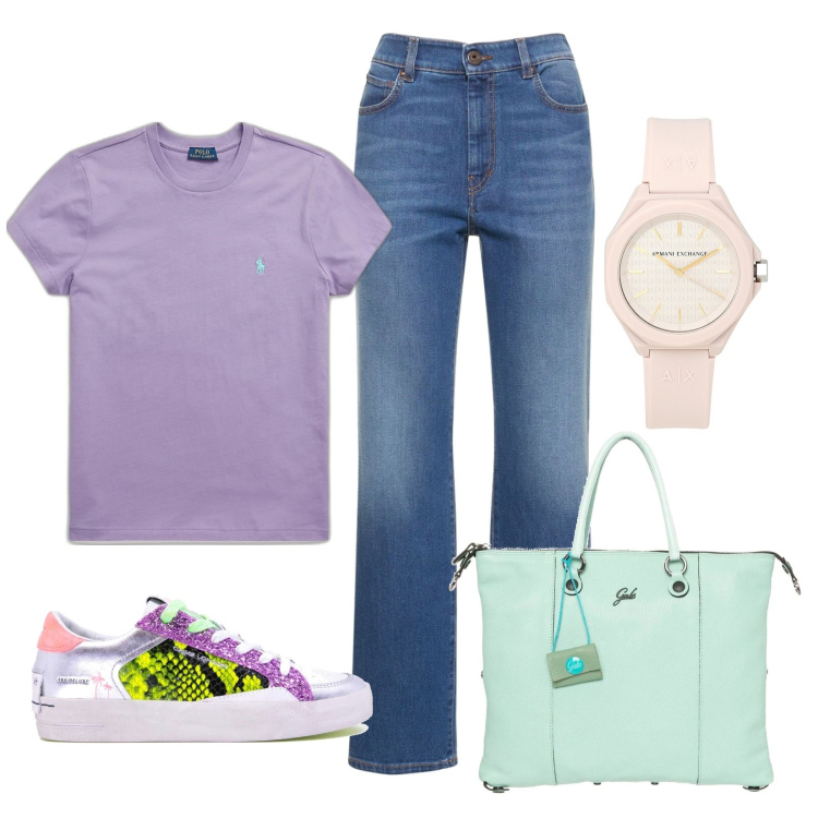 Outfit donna - Lillà e menta. Stile Trendy per Scuola/Università. Abbinamento con orologi, t-shirt, sneakers, jeans dritti, shopping bag.