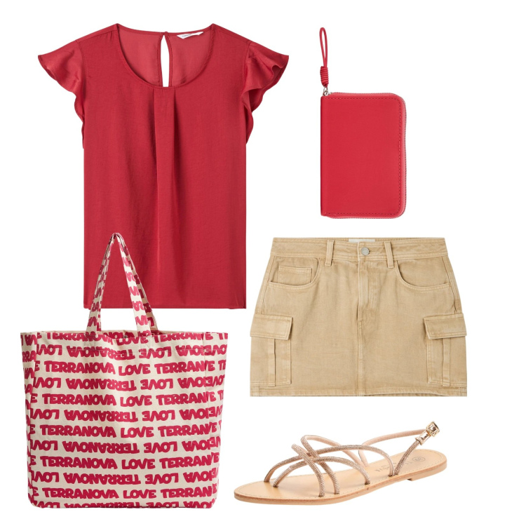 Outfit donna - Red touch. Stile Romantica per Tutti i giorni. Abbinamento con bluse, minigonne, sandali, portafogli, borse tote.