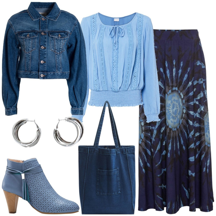 Outfit donna - Total look #1855780. Stile Boho per Serata fuori. Abbinamento con gonne, bluse, stivaletti, shopping bag, giacche, orecchini.