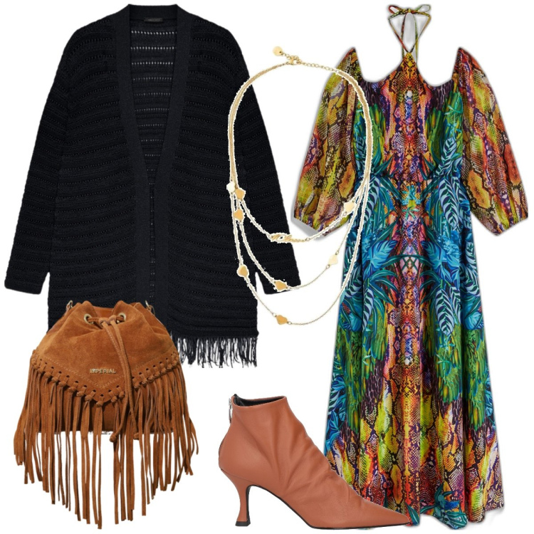 Outfit donna - Total look #1855788. Stile Boho per Tutti i giorni. Abbinamento con vestiti lunghi, stivaletti, collane, borse a secchiello, cardigans.