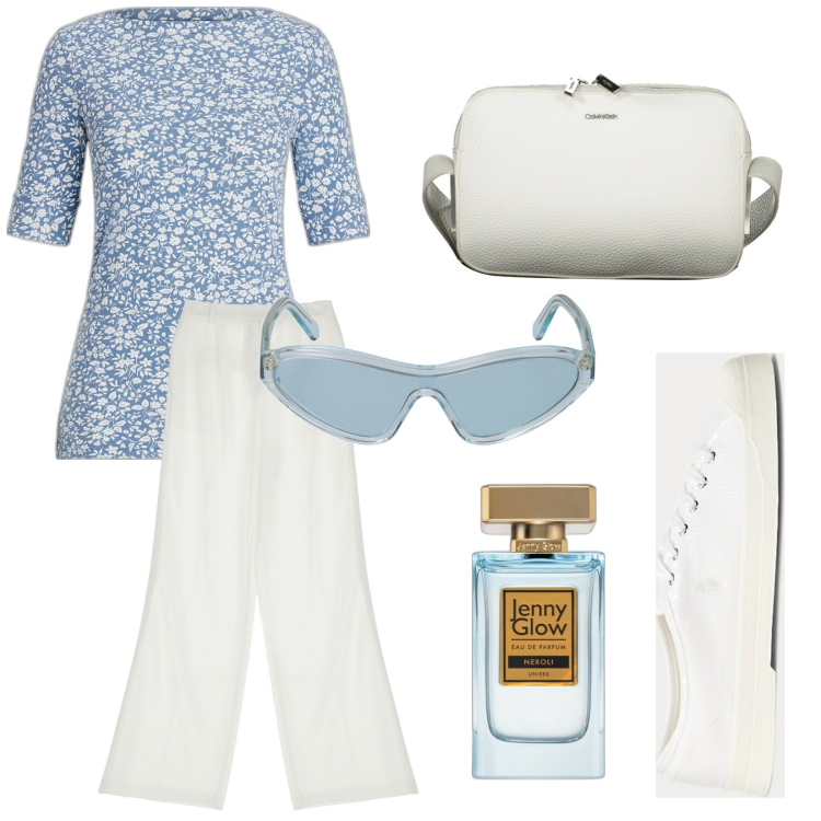 Outfit donna - Al tennis club. Stile Casual chic per Tutti i giorni. Abbinamento con profumi, pantaloni, sneakers, maglieria, borse a tracolla, occhiali da sole.