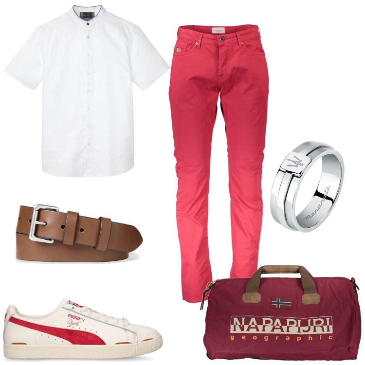 Outfit uomo - Si parte per il week-end. Stile Casual per Tutti i giorni. Abbinamento con camicie a manica corta, anelli, cinture, pantaloni, borse sportive, sneakers.