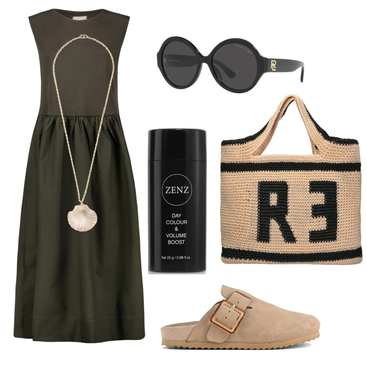 Outfit donna - Organica. Stile Casual chic per Tutti i giorni. Abbinamento con ciprie, occhiali da sole, collane, sabot, vestiti midi/longuette, shopping bag.