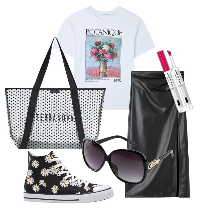 Outfit donna - Ghost outfitter - aprile. Stile Casual chic per Tutti i giorni. Abbinamento con sneakers alte, occhiali da sole, rossetti, t-shirt, gonne longuette, shopping bag.