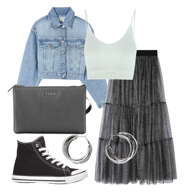 Outfit donna - Ghost outfitter - aprile. Stile Casual chic per Tutti i giorni. Abbinamento con sneakers alte, gonne, blazer, top, orecchini, borse a tracolla.