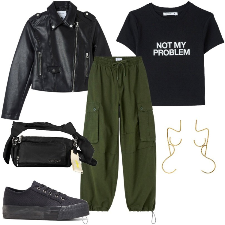 Outfit donna - Total look #1855830. Stile Military per Tutti i giorni. Abbinamento con sneakers, pantaloni cargo, t-shirt, giacche, orecchini, borse a spalla.