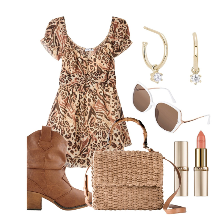 Outfit donna - Ghost outfitter - aprile. Stile Glamour per Tutti i giorni. Abbinamento con stivaletti texani, borse a mano, occhiali da sole, rossetti, tuta corta, orecchini.
