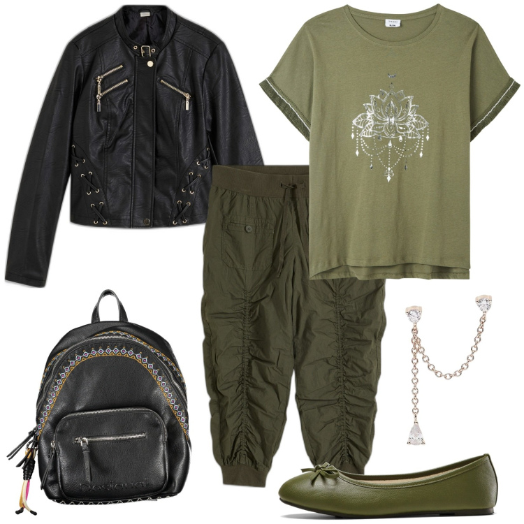 Outfit donna - Total look #1855834. Stile Military per Tutti i giorni. Abbinamento con pantaloni capri, ballerine, blazer, t-shirt, orecchini, zaini.