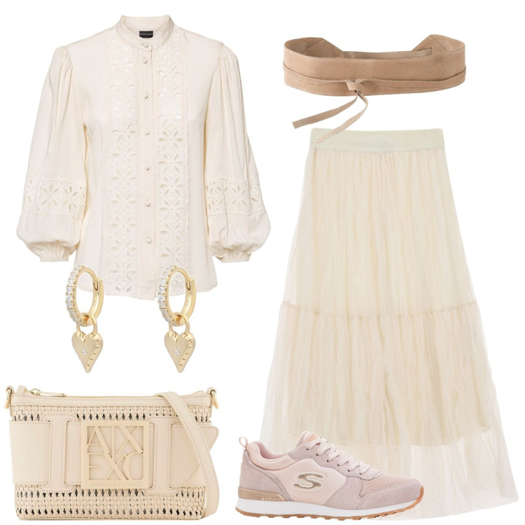 Outfit donna - Total look #1855842. Stile Sporty chic per Tutti i giorni. Abbinamento con camicie, cinture, sneakers, orecchini, gonne longuette, borse a tracolla.