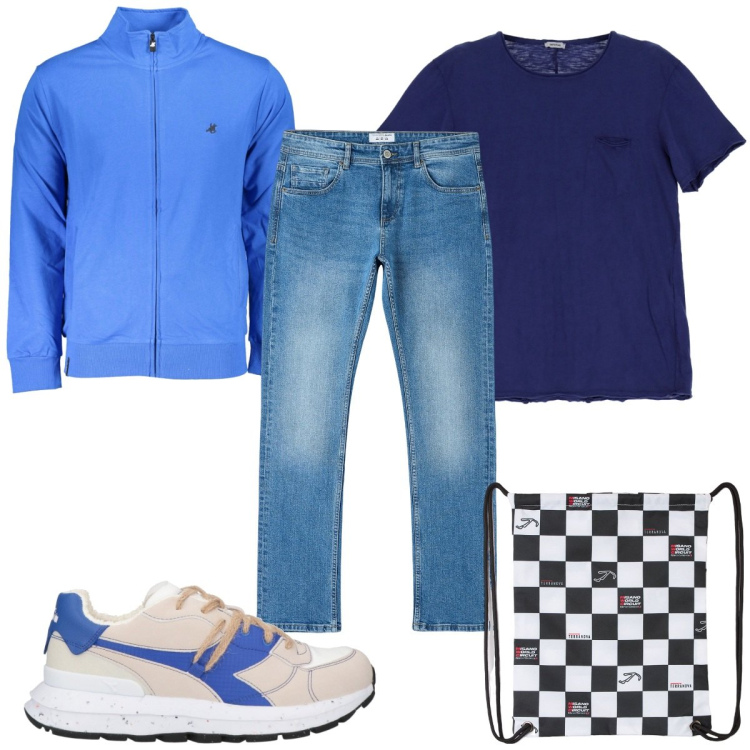 Outfit uomo - Total look #1855843. Stile Trendy per Tutti i giorni. Abbinamento con sneakers, borse sportive, jeans dritti, t-shirt, felpe.