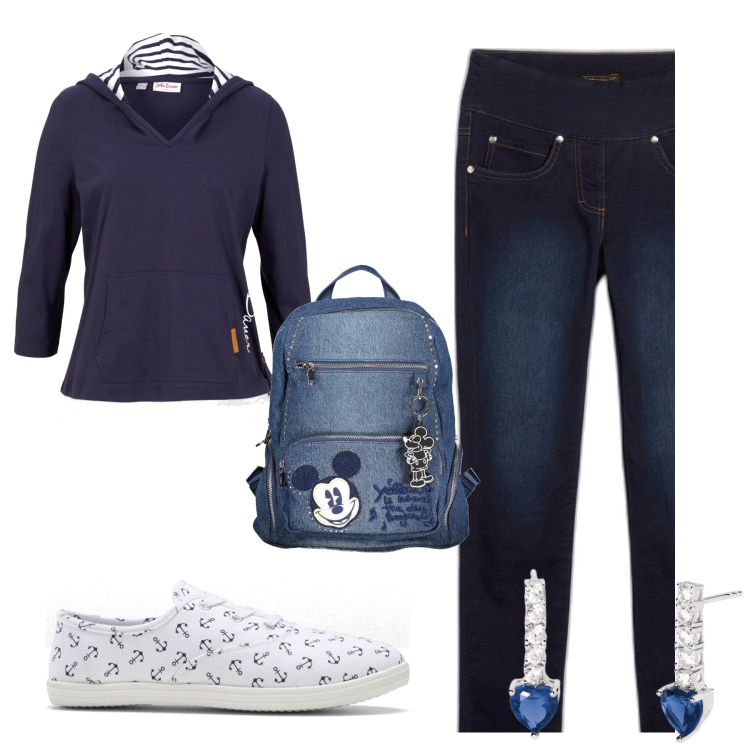 Outfit donna - Passeggiata al mare. Stile Casual per Tutti i giorni. Abbinamento con maglieria, jeans slim fit, sneakers, orecchini, zaini.