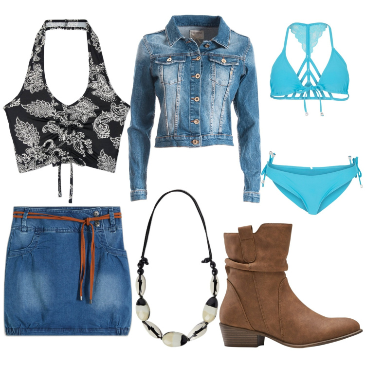 Outfit donna - California. Stile Boho per Mare. Abbinamento con minigonne, stivaletti texani, bikini, top, blazer, collane.