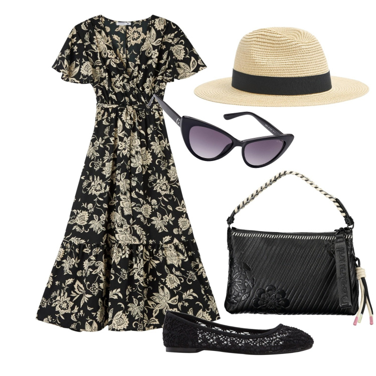 Outfit donna - Ghost outfitter - aprile. Stile Trendy per Tutti i giorni. Abbinamento con ballerine, cappelli, vestiti lunghi, borse a spalla, occhiali da sole.