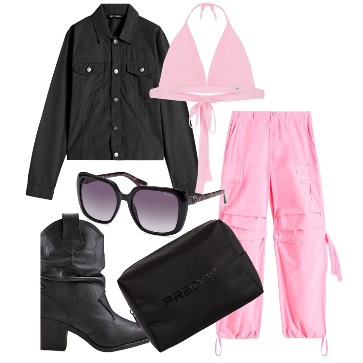 Outfit donna - Ghost outfitter - aprile. Stile Trendy per Tutti i giorni. Abbinamento con stivaletti texani, top, pantaloni cargo, blazer, valigie, occhiali da sole.