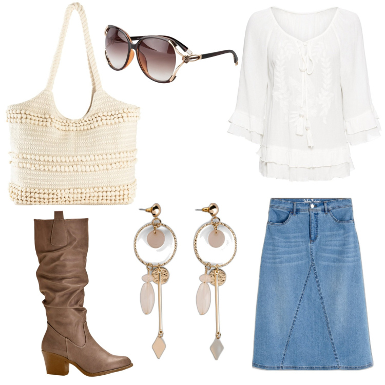Outfit donna - Coachella style. Stile Etnico per Serata fuori. Abbinamento con gonne, stivali, occhiali da sole, orecchini, tuniche, shopping bag.