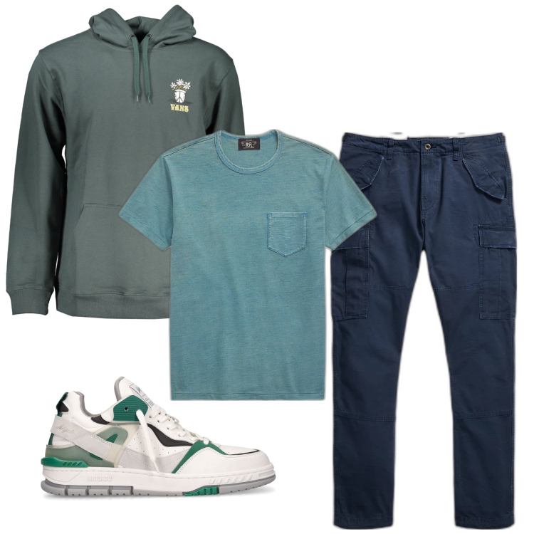 Outfit uomo - City. Stile Urban per Tutti i giorni. Abbinamento con t-shirt, pantaloni cargo, felpe con cappuccio, sneakers.