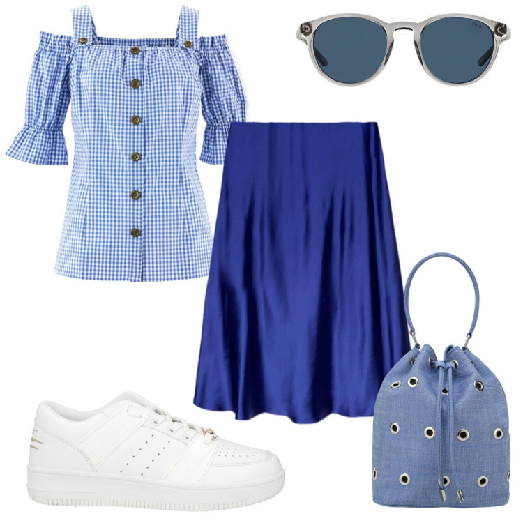 Outfit donna - Puff volumes in blu. Stile Trendy per Tutti i giorni. Abbinamento con camicie a manica corta, sneakers, borse a secchiello, occhiali da sole, gonne lunghe.