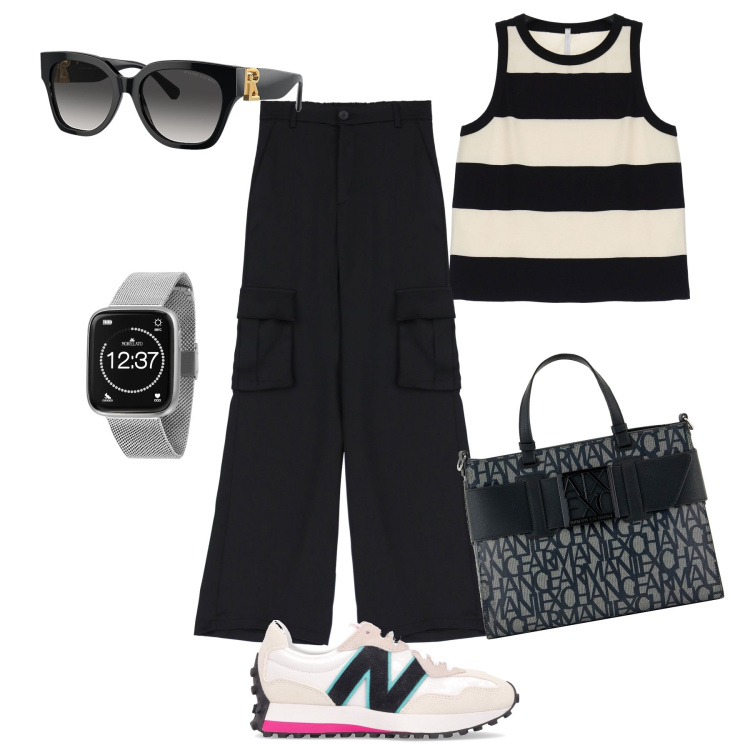 Outfit donna - Primo weekend di mare. Stile Trendy per Mare. Abbinamento con orologi, pantaloni cargo, top, occhiali da sole, sneakers, borse tote.