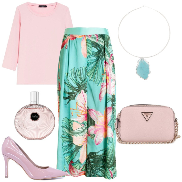 Outfit donna - Cerimonia informale. Stile Casual chic per Cerimonia. Abbinamento con profumi, pantaloni, ciondoli, maglieria, borse a tracolla, décolleté.
