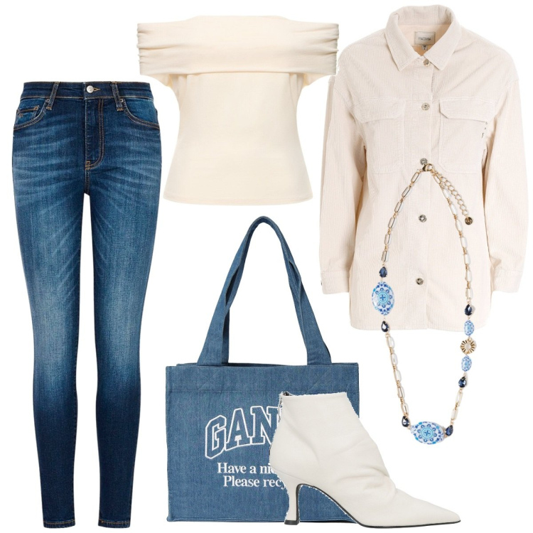 Outfit donna - Total look #1855907. Stile Casual chic per Tutti i giorni. Abbinamento con stivaletti, blazer, jeans skinny, top, shopping bag, ciondoli.