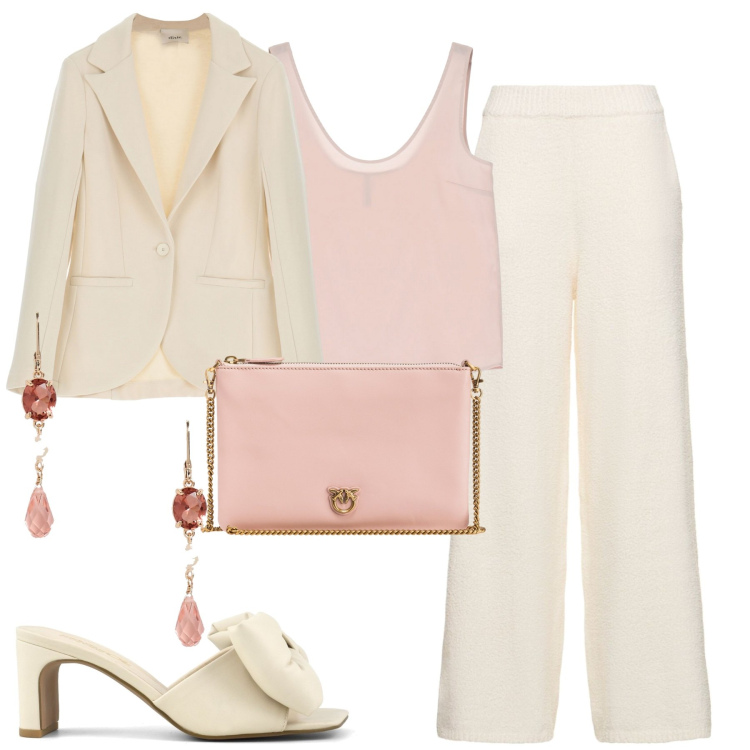 Outfit donna - Panna e fragola. Stile Chic per Cerimonia. Abbinamento con canottiere, blazer, borse a tracolla, orecchini, sandali col tacco, pantaloni.