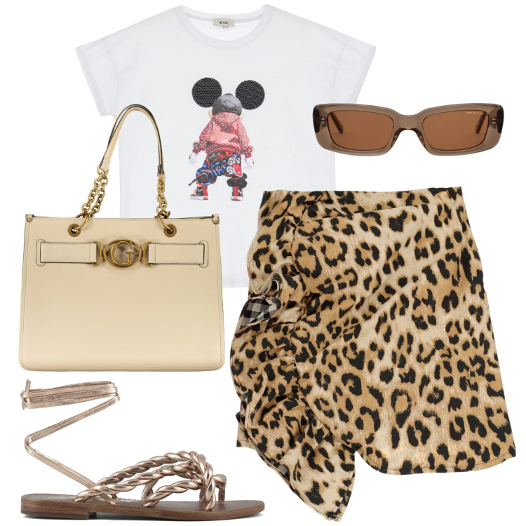 Outfit donna - Glam. Stile Glamour per Tutti i giorni. Abbinamento con minigonne, t-shirt, sandali, occhiali da sole, borse a spalla.