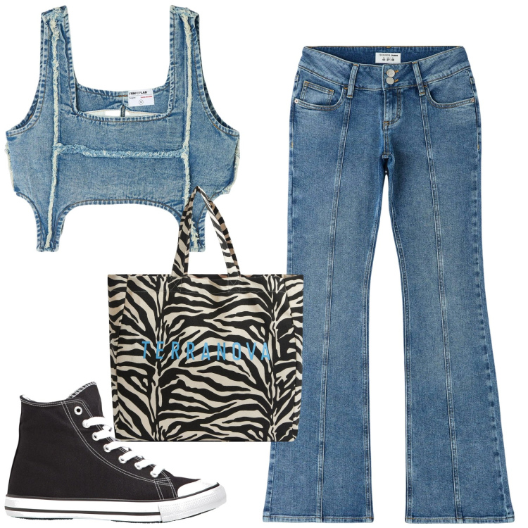 Outfit donna - Total denim. Stile Casual per Tutti i giorni. Abbinamento con sneakers alte, top, borse tote, jeans a zampa.