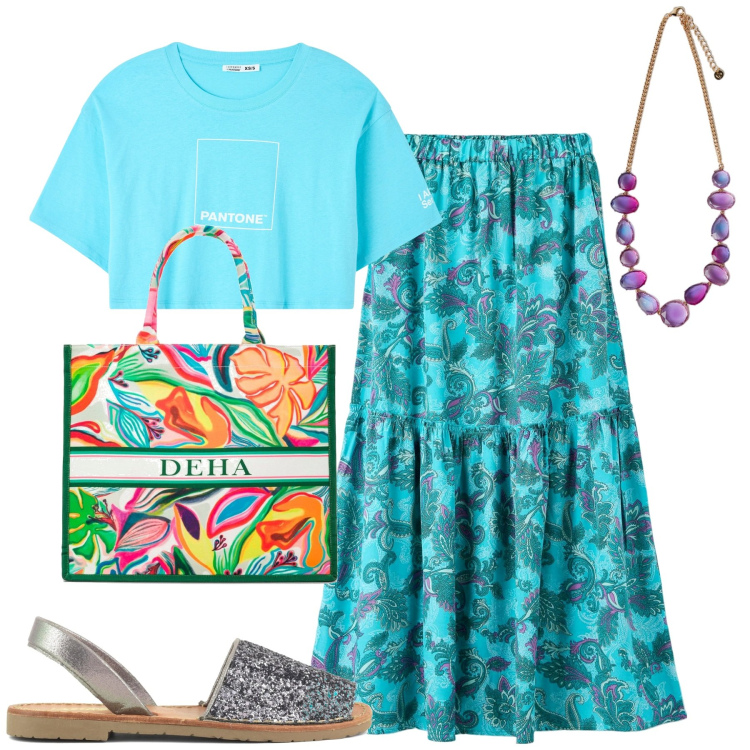 Outfit donna - Colourful. Stile Urban per Tutti i giorni. Abbinamento con gonne lunghe, t-shirt, sandali, shopping bag, collane.