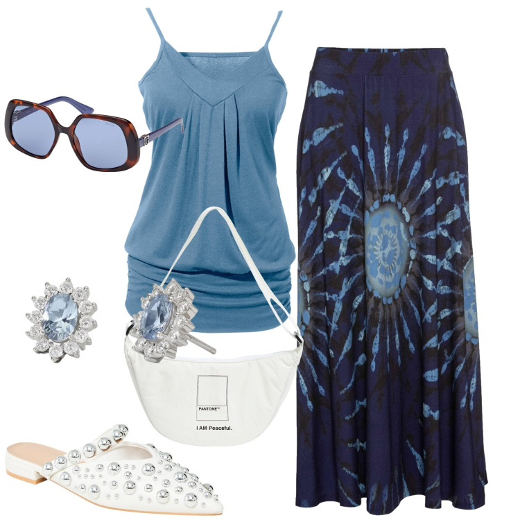 Outfit donna - Total look #1855922. Stile Casual chic per Tutti i giorni. Abbinamento con gonne, top, ballerine, marsupi, orecchini, occhiali da sole.