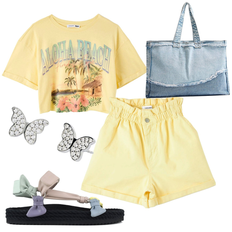Outfit donna - Sbarazzina. Stile Casual per Tutti i giorni. Abbinamento con orecchini, t-shirt, shorts, shopping bag, sandali.