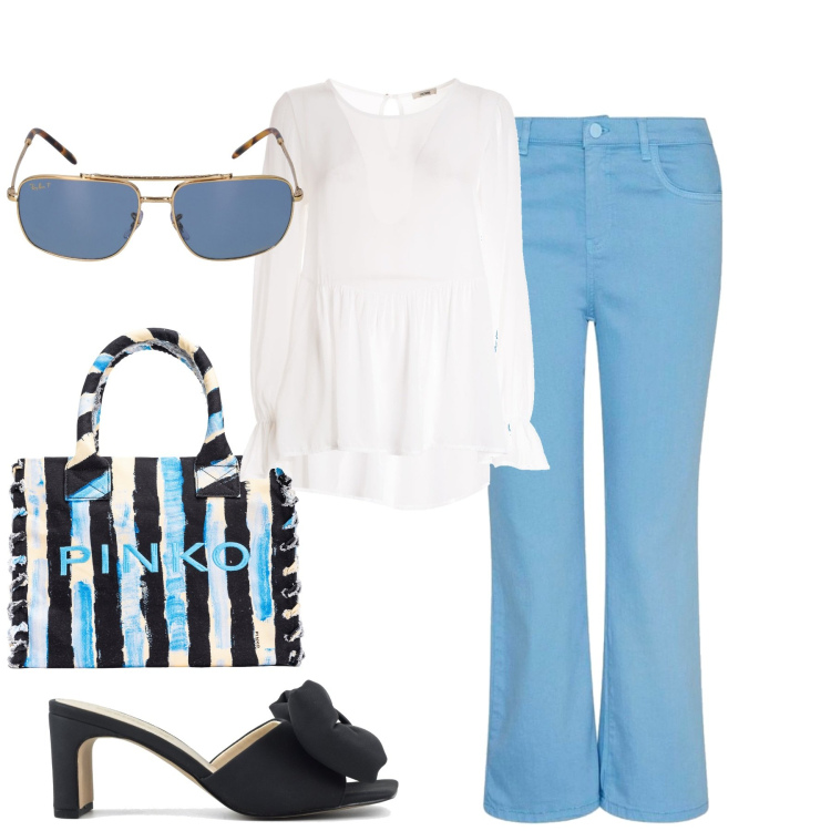 Outfit donna - City. Stile Casual chic per Tutti i giorni. Abbinamento con shopping bag, bluse, sandali col tacco, pantaloni skinny, occhiali da sole.