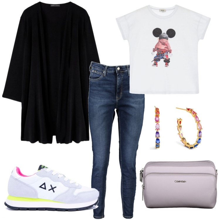Outfit donna - Sneakers colorate!. Stile Casual per Tutti i giorni. Abbinamento con orecchini, t-shirt, sneakers, borse a tracolla, cardigans, jeans skinny.