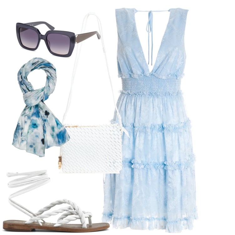 Outfit donna - Romantica. Stile Romantica per Serata fuori. Abbinamento con vestiti senza maniche, borse a tracolla, sandali, occhiali da sole, sciarpe.